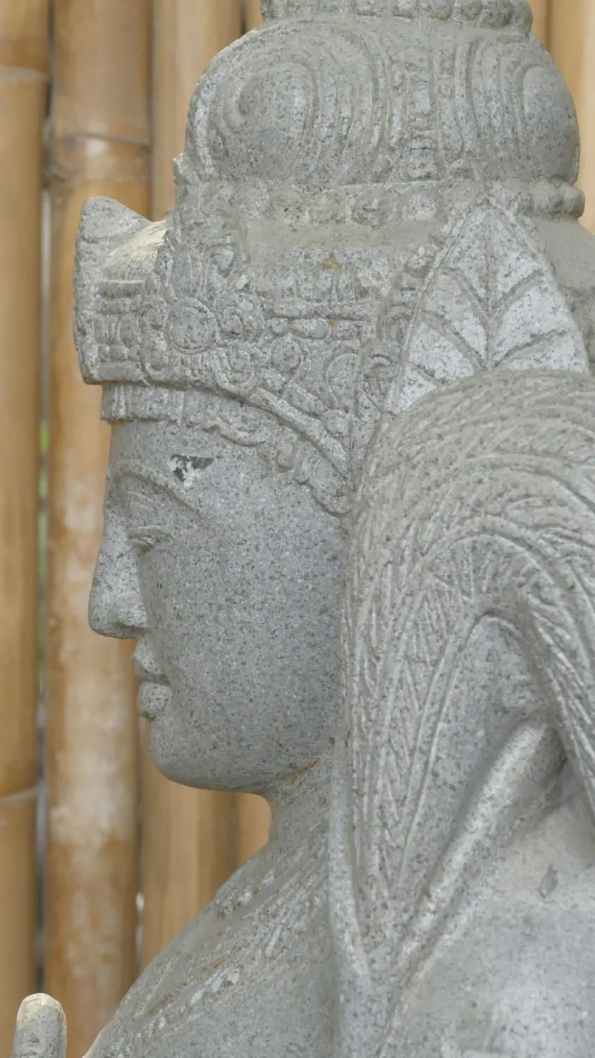  Product image 7 of the product “Seated Dewi Sri, position chakra turning the wheel, 73cm high riverstone grey, model with sativa. There is a stone eye on the left temple. ”